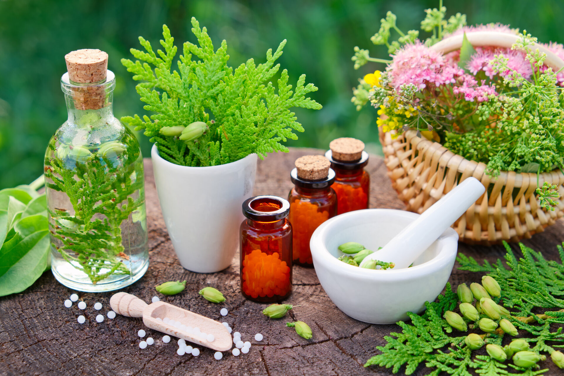 Herbal remedies and homeopathy on wood table.